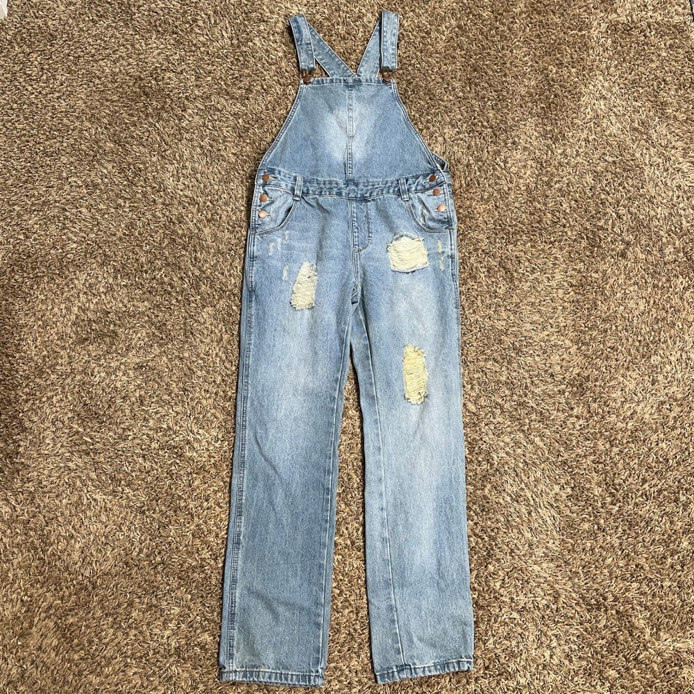 Mod Ref Light Wash Distressed Denim Overalls Straight‎ Leg Womens Size L